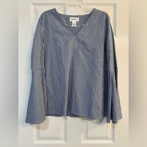 For The Republic Blue and White Gingham Bell Sleeve Blouse